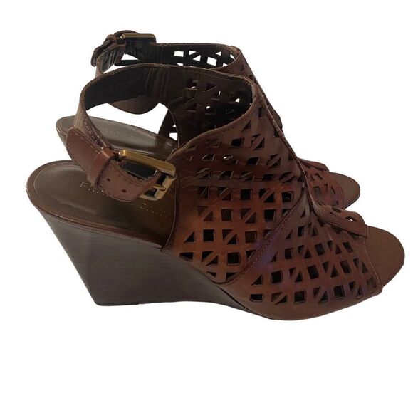 Franco Sarto Brown Leather Laser Cut Open Toe Wedges w/ Adjustable Ankle Strap - Picture 4 of 6